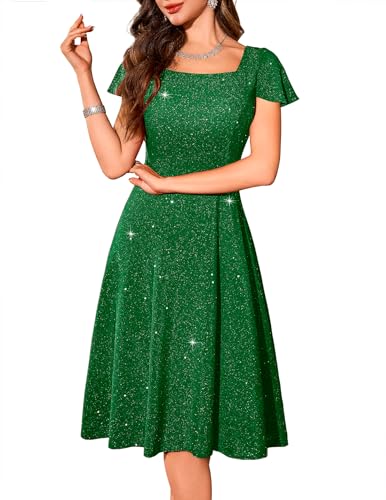 BeryLove Homecoming Dresses for Teens Sequin Dress Square Neck Midi Cocktail Party Formal Dress Flutter Short Sleeve Stretchy Bridesmaid Prom Dresses S005 DarkGreen L