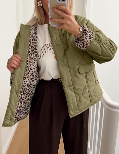 Flygo Women’s Army Green Casual Quilted Puffer Jacket – Leopard Lined, Cropped, Lightweight Bomber Style - Image 3
