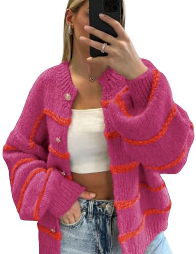 Image of QIBABU Womens Striped Cardigan Sweaters Casual Open Front Long Sleeve Button Down Knit Outwear