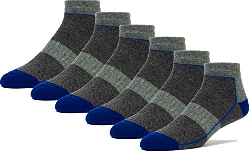 FUN TOES Low Cut Ankle Merino Wool Mens Hiking Running Socks Compression Arch Support Cushioned 6 Pairs (Grey/Blue)