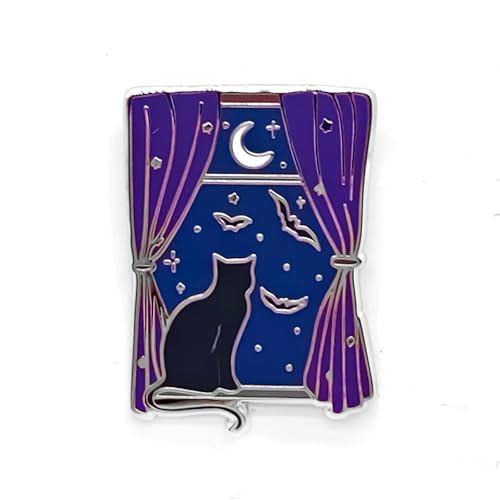 Image of Moon, Black Cat, Bat Pin - Fun Series | Premium Enamel Pin - Statement Lapel Pin - Plated Badge for Clothing, Bags, Hats, Jackets, and Lanyards
