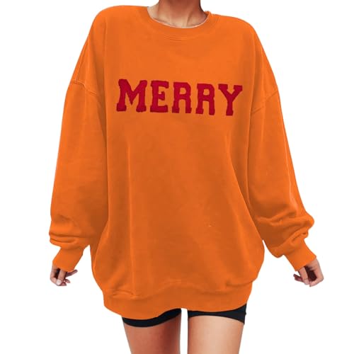 Sweat-shirt de Noël en polaire épaisse col rond et manches longues motif de vacances orange
