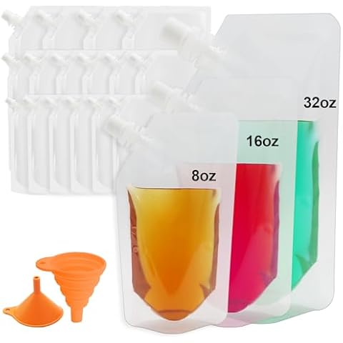 18 Pcs Plastic Flasks Reusable Drink Bags Plastic Pouches Leak Concealable Plastic Flasks bags for Travel Concerts Outdoor Sports (6 x 8 oz + 6 x 16 oz + 4 x 32 oz + 2 funnel) Cover