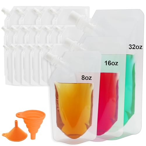 18 Pcs Plastic Flasks Reusable Drink Bags Plastic Pouches Leak Concealable Plastic Flasks Bags for Travel Concerts Outdoor Sports (6 x 8 oz + 6 x 16 oz + 4 x 32 oz + 2 funnel)