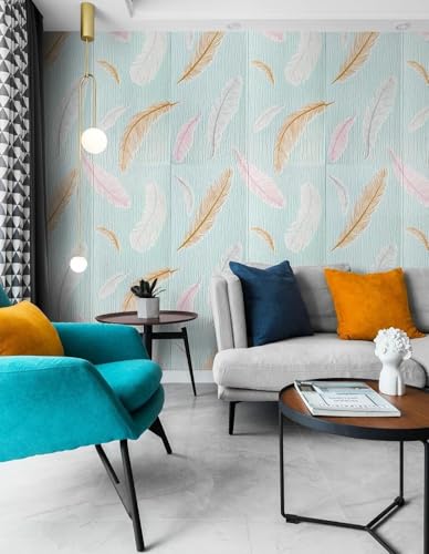 Image of KASHIVAL Self-Adhesive Waterproof PE Foam 3D Wall Panels Wallpaper Sticker for Bathroom, Living Room, Hotel and Home Decoration (70 x 70cm, Appx. 5.3Sq Feet) (JD Blue Feather)