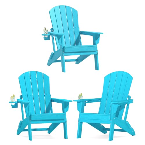 Image of Plawdlik Folding Adirondack Chair Set of 3, Cup Holder, Light Blue | pin-free folding, 38-in tall back, Wood-grain All-weather HDPE; for fire pit, poolside, deck, backyard, patio