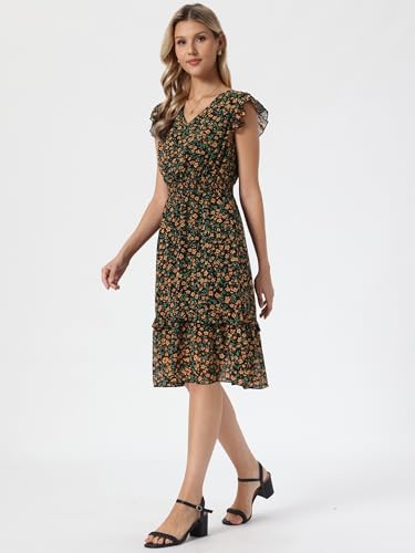 Image of Allegra K Women's Floral Dress Spring Summer V Neck Flutter Sleeve Ruffle Casual Smocked Knee Length Dresses