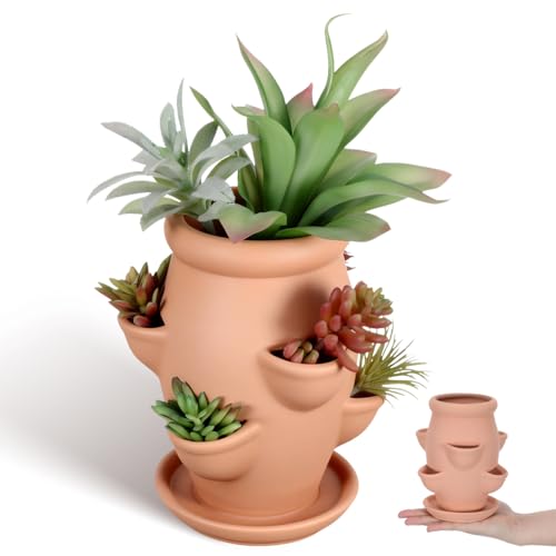 CAXUSD Ceramic Strawberry Tower Planter Pot with Multi Mini Pockets for Succulents and Small Plants Lightweight Indoor Outdoor Decorative Garden Flower Container 5.91X7.48X5.91 Inches