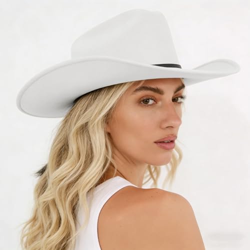 Image of DRESHOW Cowboy Hat for Women and Men Classic Felt Western Hat for Cowboys Cowgirls Wide Brim Belt Buckle Retro Fedora Hats