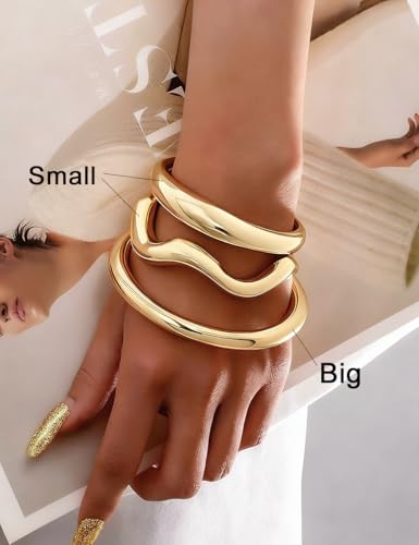 Image of Chunky Gold Bangle Bracelets for Women, Dainty 14k Gold Plated Big Stackable Bangles Set, Trendy Statement Cuff Bracelet Stack Fashion Jewelry Gifts