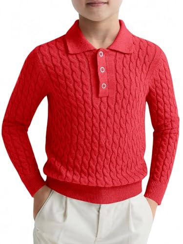 Haloumoning Boys Cable Knit Polo Shirt Kids Long Sleeve Sweater Fall Fashion Clothes 5-14 Years Red