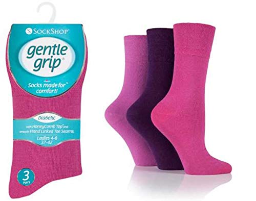 Image of Gentle Grip Ladies Diabetic Seamless Toe HoneyComb Top Non Elastic Socks 3 Pairs (Purple Mix)
