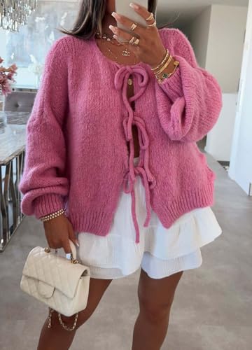 Image of chouyatou Women's Cute Bow Knot Cardigan Fall Casual Oversized Ribbed Knit Sweater Cardigan Tops