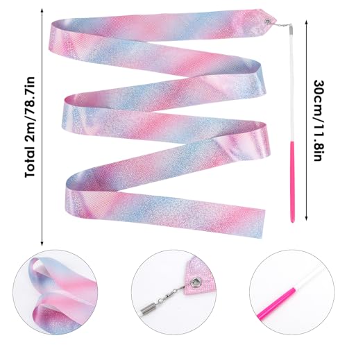 Image of YGEOMER 2Pcs Dance Ribbons for Kids, Sparkling Pink & Blue Gymnastics Ribbon Wands, Ballet Party Favors for Girls, Birthday Performance Props