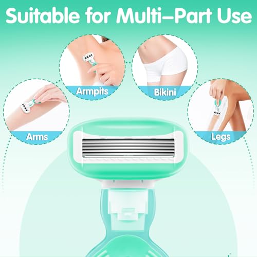 Image of DreamGenius Travel Razors for Women Include 1 Handle and 5 Cartridges, Extra Smooth 5-Blade Travel Essentials Razor with Case for Shaving, Green
