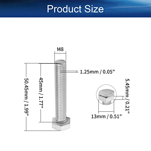 Image of Bettomshin 8Pcs M8 x 45mm Hex Bolts, 304 Stainless Steel 1.25mm Thread Pitch Fully Threaded Metric Hex Head Screw Bolts, Hexagon Screw Bolt, Hex Tap Bolts, Silver (Overall Size 50.45x13x13mm)