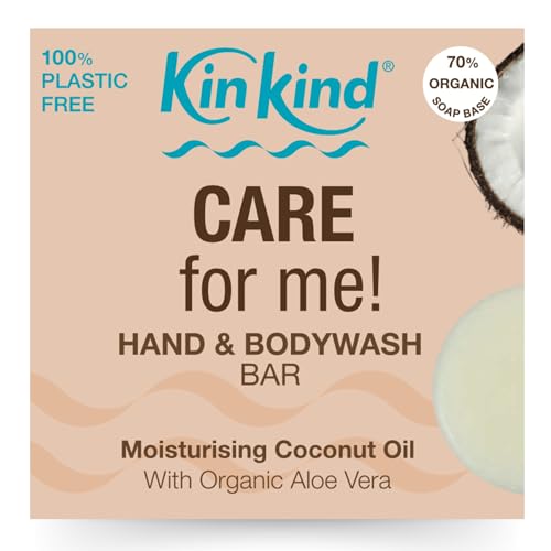 KinKind CARE for me! Hand & BodyWash bar. Moisturising coconut oil with organic aloe vera. Plastic and paraben free. Vegan. Made in UK
