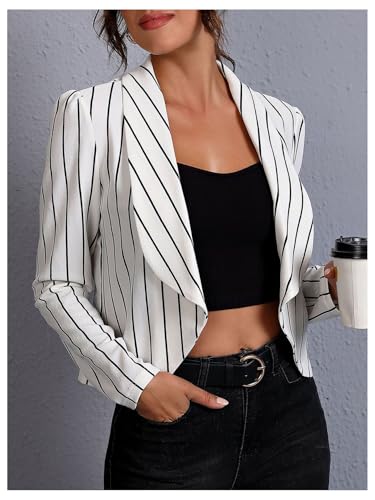 Floerns Women's Striped Open Front Business Blazer Shawl Neck Long Sleeve Crop Jacket4