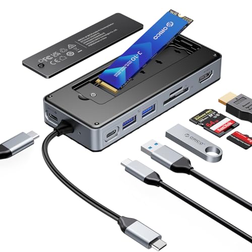 ORICO 8-en-1 Station d'accueil USB C avec Boîtier SSD M.2, Hub USB C avec SSD M.2 NVMe/SATA, Adaptateur Multiports USB 10Gbps, HDMI 4K@60Hz, 100W PD, SD/TF,...