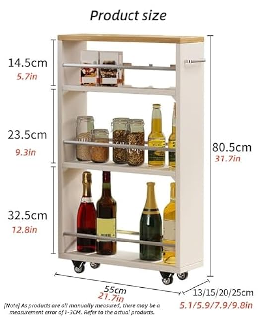 4Tier Slim Rolling Storage Cart with HandleCompact Mobile Utility Trolley for Kitchen & LaundryNarrow Design HeavyDuty Rack for Small Spaces (Natural 20x55x80.5cm)-KYoXordh