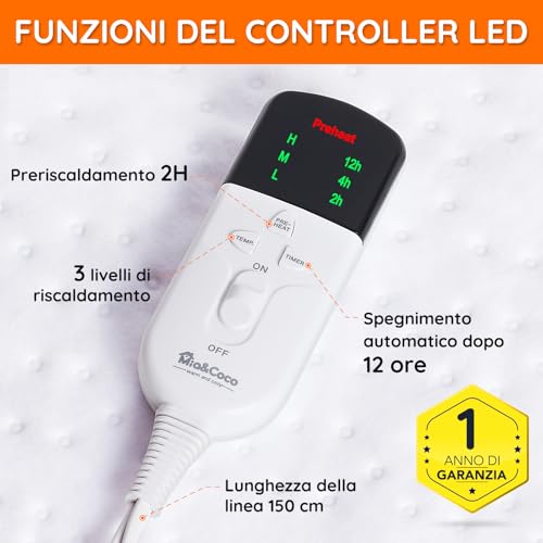 Mia&Coco Coperta termica con spegnimento automatico, 150 x 80 cm, con timer 12 ore e 3 livelli di calore, indicatore LED, protezione da surriscaldamento, coperta termica per materassi frequenti - 4