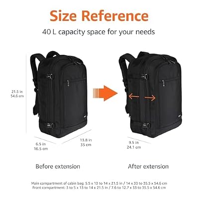 Amazon Basics Travel Backpack, Carry-On with Laptop Compartment, 40L Capacity, Expandable for 10% Extra Space, Convertible Backpack & Shoulder Bag, Multiple Pockets, 15.8W x 21.5H x 8.3D, Black