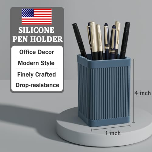 Image of HighHerz Aesthetic Pen Holder For Desk, Modern Silicone Pencil Holder, Stylish Office Desk Decor, Made of 5 mm Thickened Premium Silicone, Office Desk Organizer And Accessories (Dark Blue)