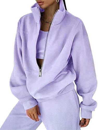 Flygo Womens Fleece 2 Piece Outfits Sweatsuit Half Zip Pullover Sweatshirt Joggers Pants Tracksuit Set (Purple-S)