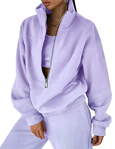 Kissonic Womens Fleece 2 Piece Outfits Sweatsuit Half Zip Pullover Sweatshirt Joggers Pants Tracksuit Set(Purple-L)