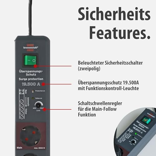 Brennenstuhl Secure-Tec Steckdosenleiste 6-Fach mit Überspannungsschutz und Main Follow Funktion (Mehrfachsteckdose mit Schalter und 3m Kabel) anthrazit – Bild 4