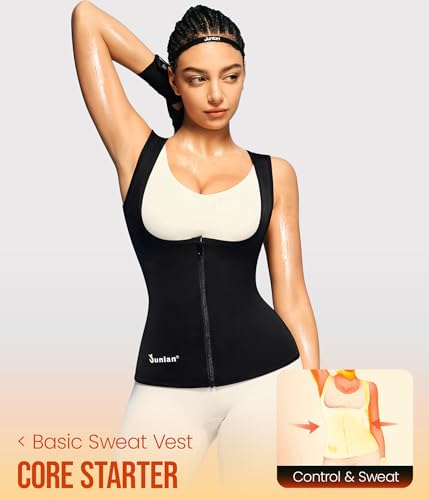 Junlan Sauna Suit for Women Waist Trainer Vest Sweat Tank Top Shaper for Women with Zipper (Black, Medium)