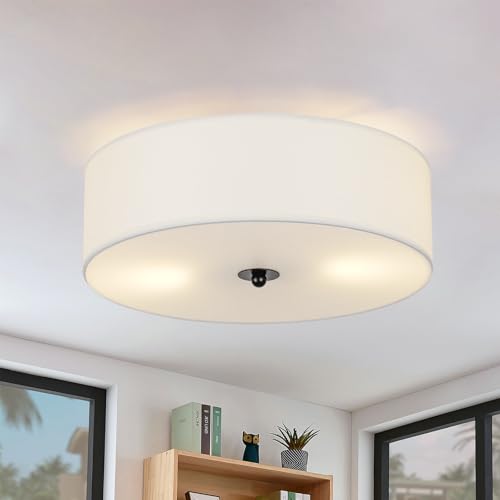 CALOKES Flush Mount Ceiling Light Fixture, 13' Close to Ceiling Light with White Fabric Linen Drum...