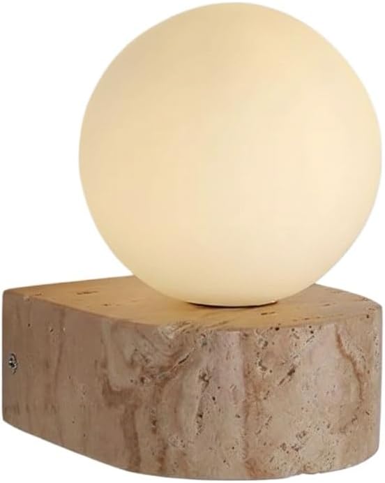 Modern Travertine Wall Sconce, Natural Yellow Stone Wall Lamp with Frosted Glass Globe, Japandi Bedside Light for Bedroom, Living Room, Hallway, Staircase, Entryway, Foyer Parlor