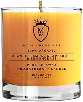Moss Chandlers - Orange, Lemon, Grapefruit & Lemongrass - 100% Organic Aromatherapy Scented Beeswax Candle Glass Tumbler (10 oz) - Organic, Safe, Non-Toxic & Non-GMO Candles
