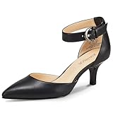 JENN ARDOR Women's Kitten Heel Pumps Ladies Closed Pointed Toe D'Orsay Ankle Strap Dress Stiletto Black, Black, 8 (9.7in)