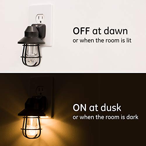 GE Vintage LED Night Light, 2 Pack, Plug-in, Dusk-to-Dawn Sensor, Farmhouse Décor, Rustic, UL Certified, Ideal for Bedroom, Nursery, Kitchen, Bathroom, Black Cage, 44737