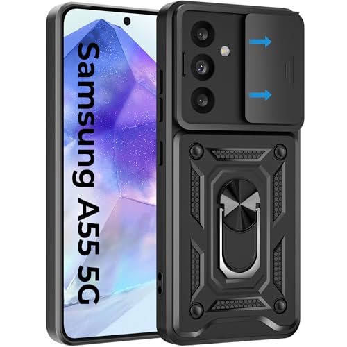 Image of A rtistque Armor Bumper Back Case Cover Compatible with Samsung Galaxy A55 | Stylish Ring Holder & Inbuilt Stand | Sliding Camera Cover | Protective Design | Samsung A55 Back Cover - Black