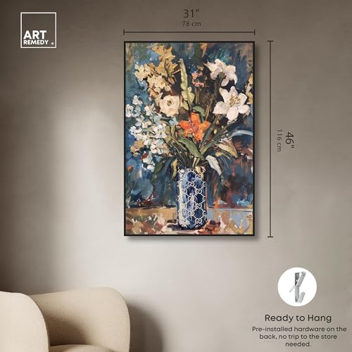 Image of Art Remedy Blue Floral Vase Canvas Floral Vase Wall Art, Black Frame, 30 inch x 45 inch