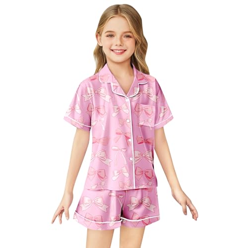 Girls 𝙉ightwear 2 Piece for Kids Preppy Bow Graphic Print 𝙋ajam𝙖s Sets Button Down 𝙋js Shirts and Shorts 𝙎leepwear 2-13Y