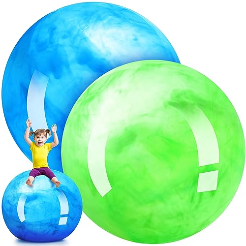 Meooeck 2 Pcs Giant Bouncy Balls Large Rubber Inflatable Marbleized Bouncing Giant Beach Balls for Kids and Adult, Pump Not Included(27 Inch,Blue, Green)