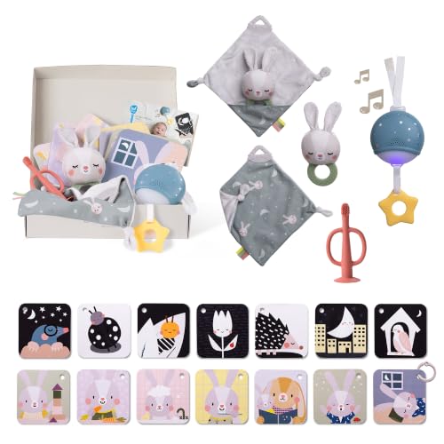 Image of Taf Toys Newborn Bedtime Kit - Baby Essentials Portable Sound Machine with Soothing Music & Light, Contrast Cards, Security Blanket, Bunny Teether & Toothbrush - Ideal Newborn