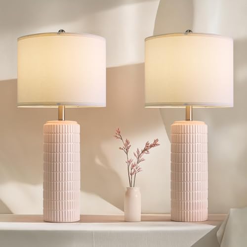 Image of PoKat 27.5 inch Pink Ceramic Table Lamps for Girls Room Set of 2, Modern Bedroom Lamps, Bedside Lamps for Night Stands Living Room, Cute Lamps Pink Decor, Nightstands Desk Nursery