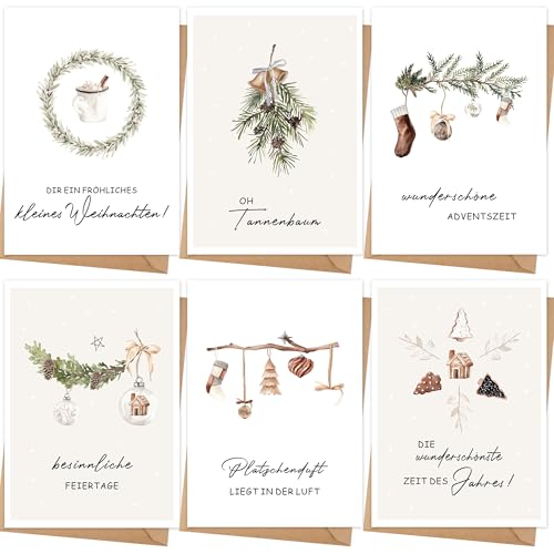 12 Weihnachtskarten mit Umschlag Set - Hochwertiges Klappkarten Set mit Sprüche - A6 Merry Christmas Cards - Winteraquarell für die schönsten Weihnachtsgrüße - Blanko Seiten zum Schreiben und Drucken