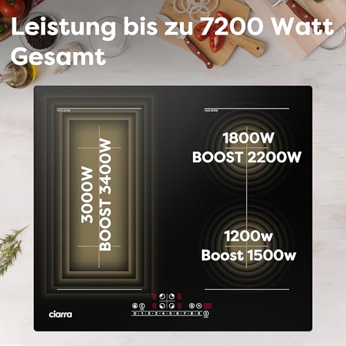 Foto von CIARRA CBBIH4BFF 4 Zonen Einbau Induktionskochfeld mit Zwei Flexzonen Power Booster Touch-Bedienung Kochfeld Induktion 4 Platten 9 Leistungsstufen Induktionskochplatte 60cm 7200W