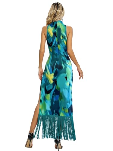 Image of Aigeman Women Vintage Flapper Dresses 1920s Great Gatsby Halter Fringed Maxi Dress Tassels High Split Formal Dress 19