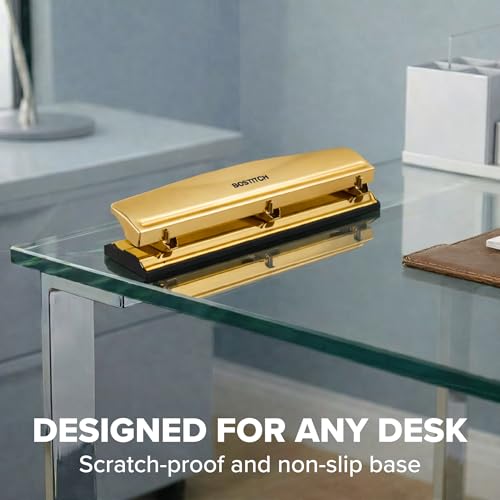 Image of Bostitch 3 Hole Paper Punch, 15 Sheet Capacity, Metal Office Hole Puncher with Chip Tray, Non-Slip Base, 9 /32 inch Holes, Perfect for Binders, School, Home & Office, Gold