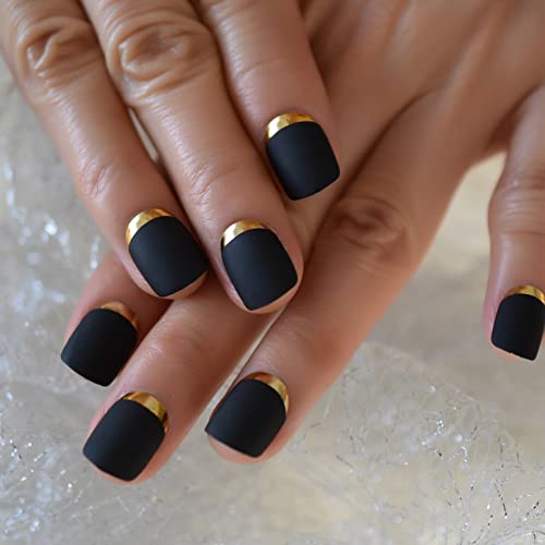 Ibeautying Press On Nails - Matte Black Gold Metallic Line French False Nails | Frosted Finish Medium Short Square Shape Reusable Fake Nails - 24 Nail Kit With Jelly Glue Pad #TOP5