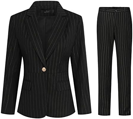 YYNUDA Women's Casual Striped 2 Piece Office Work Business Suit Set Blazer and Pant Black
