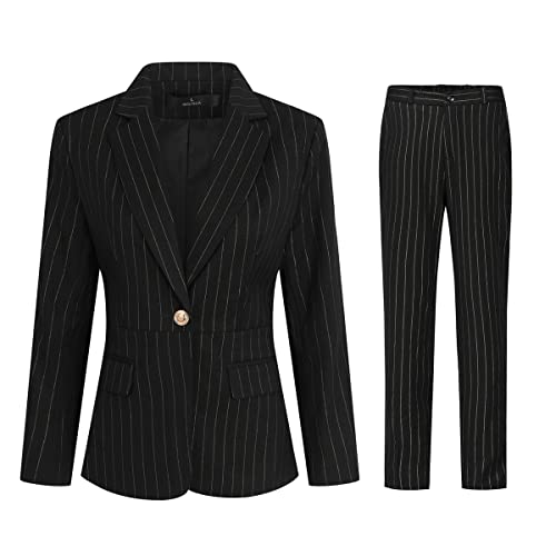 Yynuda Women's Casual Striped 2 Piece Office Work Business Suit Set Blazer And Pant Black #TOP4