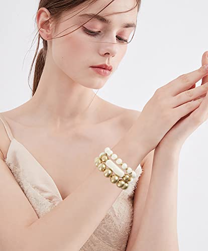 Gold Plated Beaded Acrylic Bamboo Tube Bangle Bracelets for Women, Colorful Chunky Curved Tube With Gold Pieces Beads Stretch Bracelet Friendship Summer Beach Jewelry4